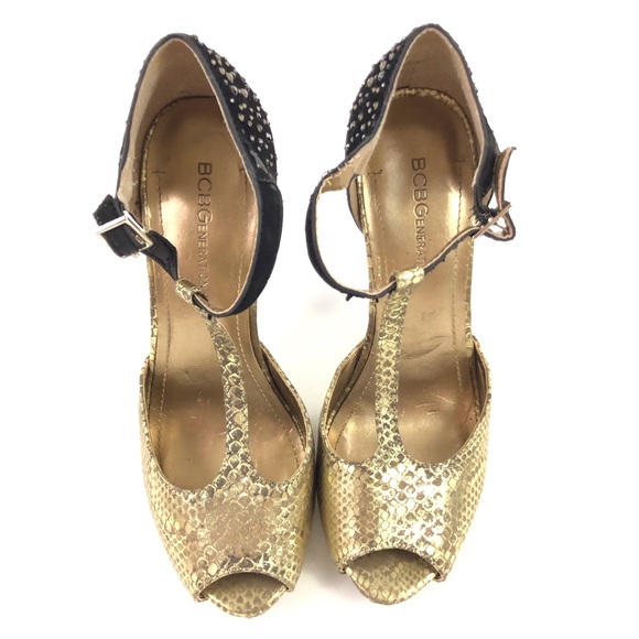 BCBG Gold Peep Toe Jeweled Stiletto Heels 6 36 - Picture 3 of 8